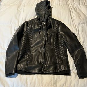 Black Faux Leather Hooded Moto Jacket